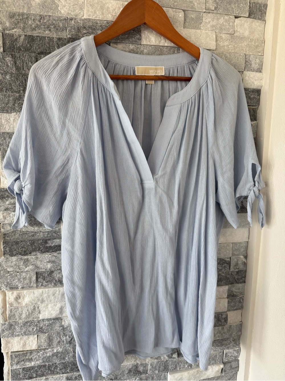Women MICHAEL MICHAEL KORS V-Neck Short Sleeve Textured Shirt-Light Blue-XL
